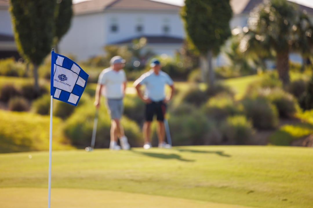 2 golfers standing  near golf green