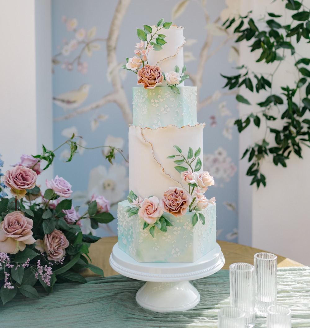 Blue and blush custom wedding cake
