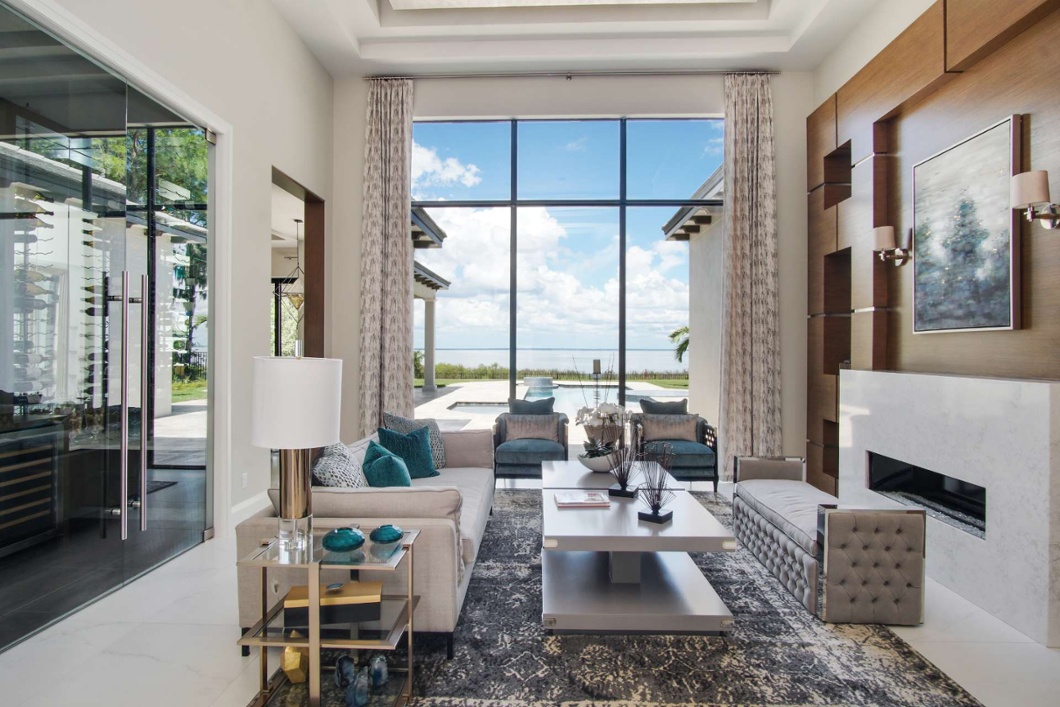 Floor to ceiling windows in luxury home.