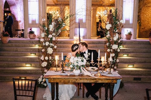 Bride and groom reflection pond reception
