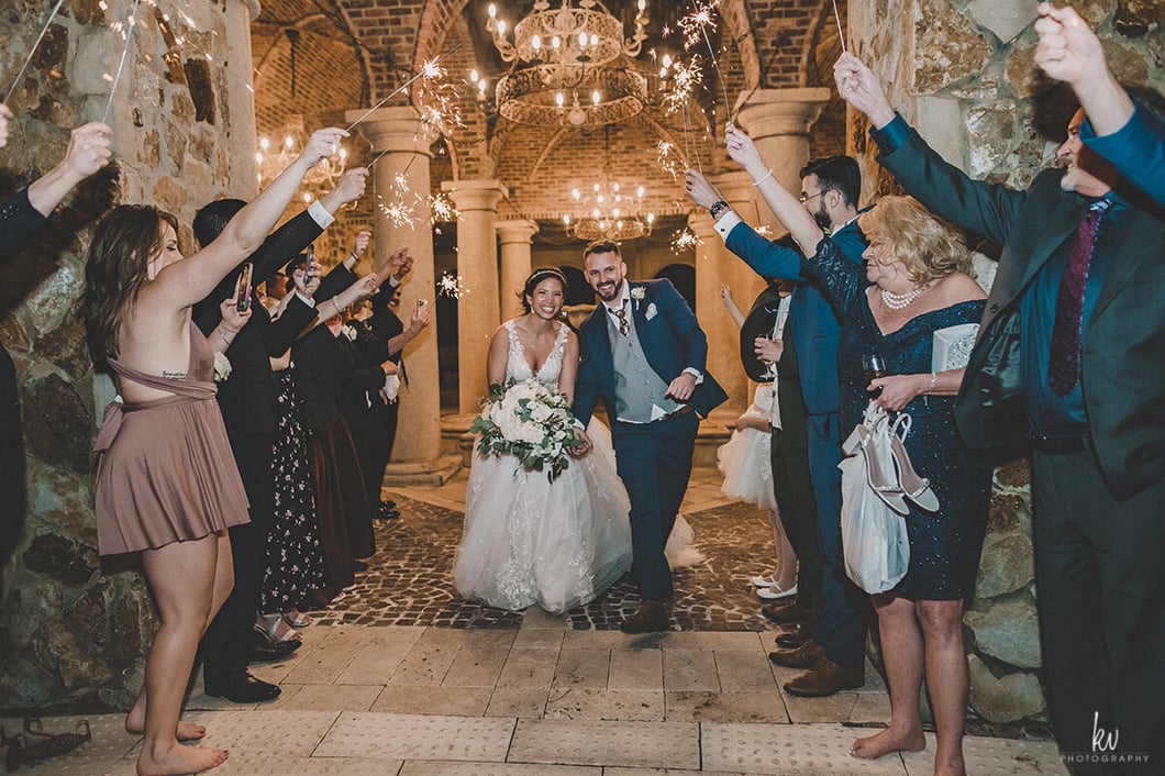 Bride-groom-exit-sparklers-Bella-Collina-wedding-venue