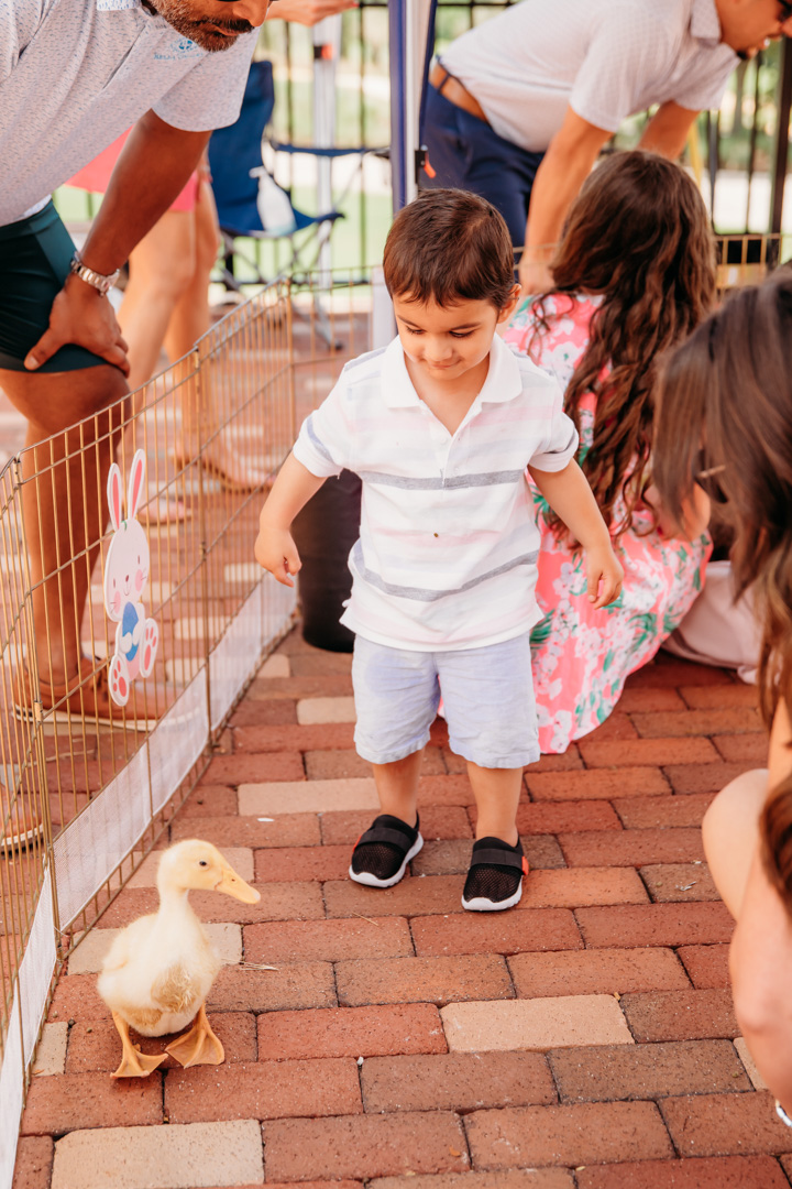 Boy looking at duck at Bella Collina member event