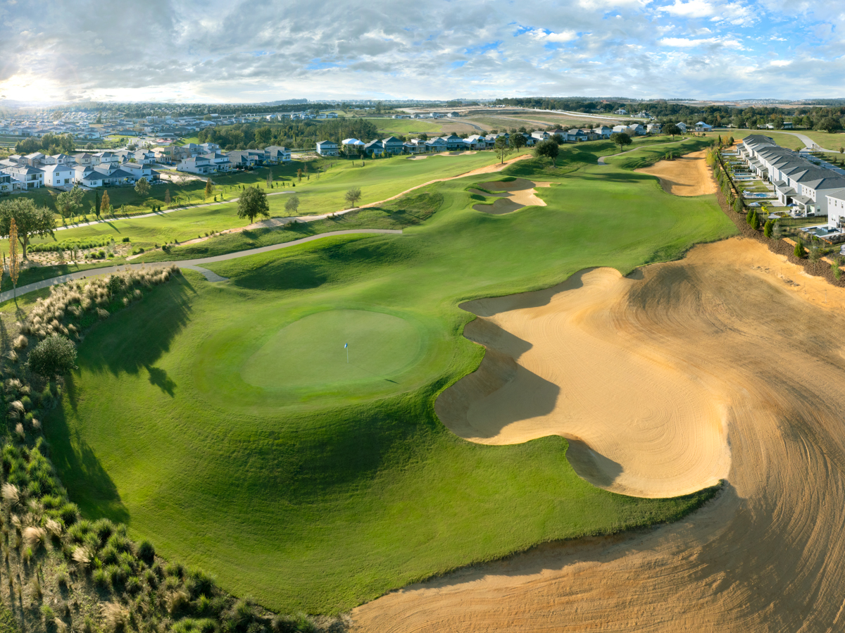 Overhead shot of hole 14 bunker at Bella Collina golf course