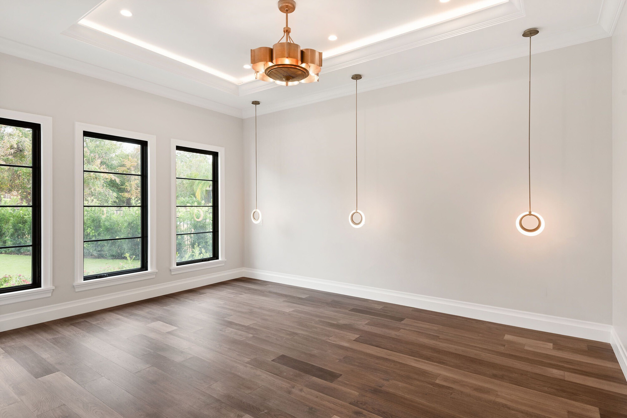 Empty room with wood flooring and lighting in Bella Collina custom home