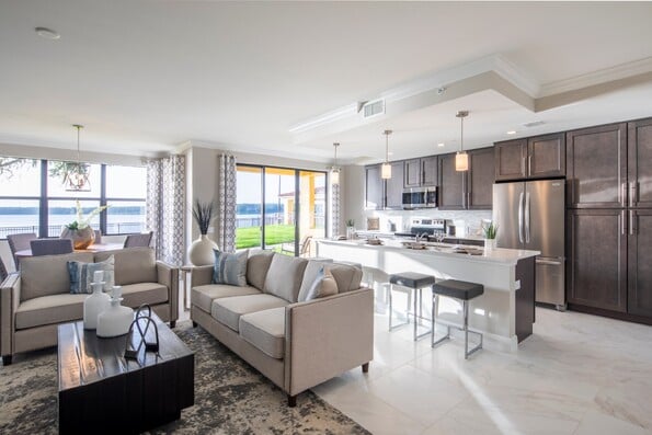 View of kitchen and living area of Siena condo at Bella Collina