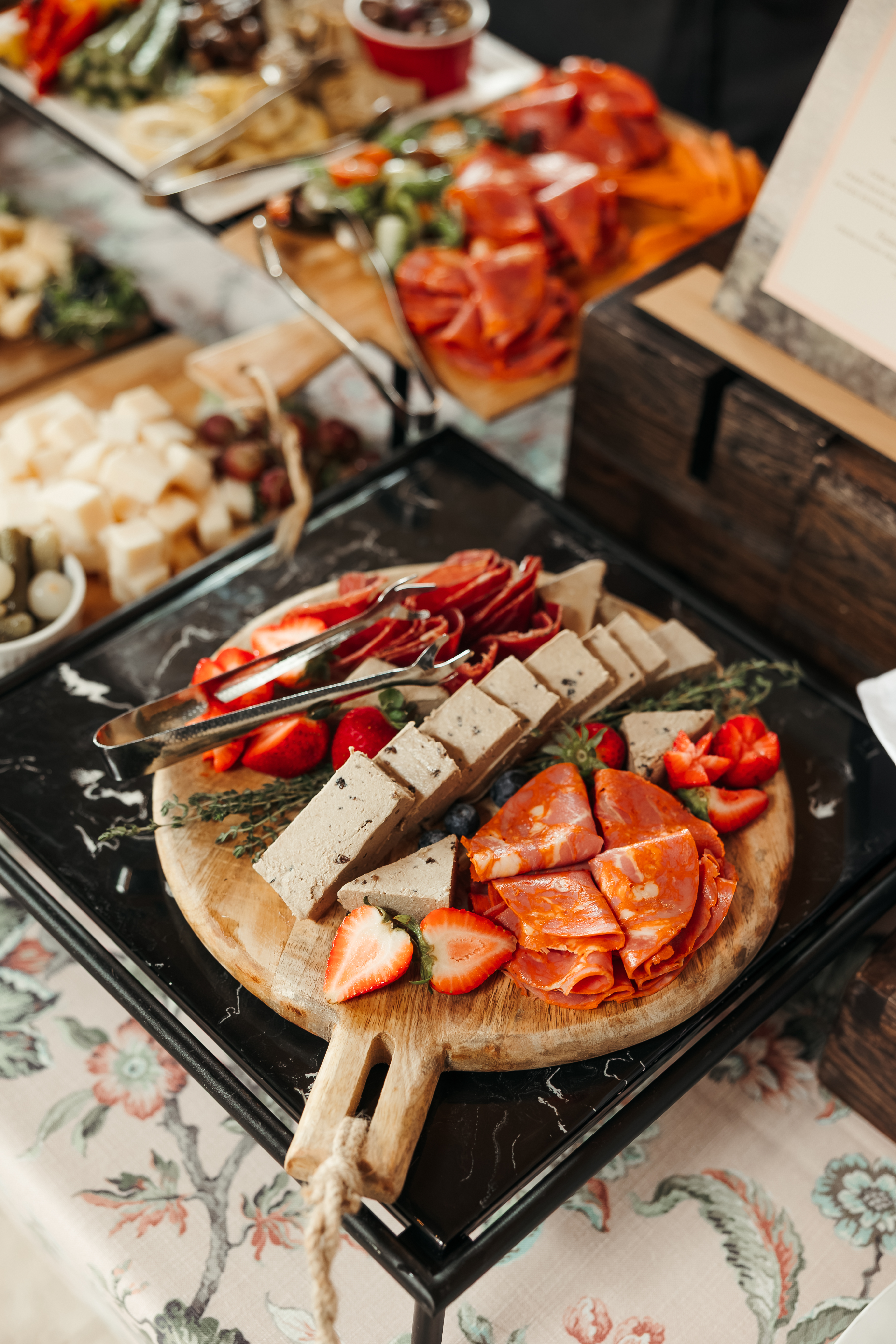 Grilled lobster tails and seafood displayed at a Bella Collina wedding reception