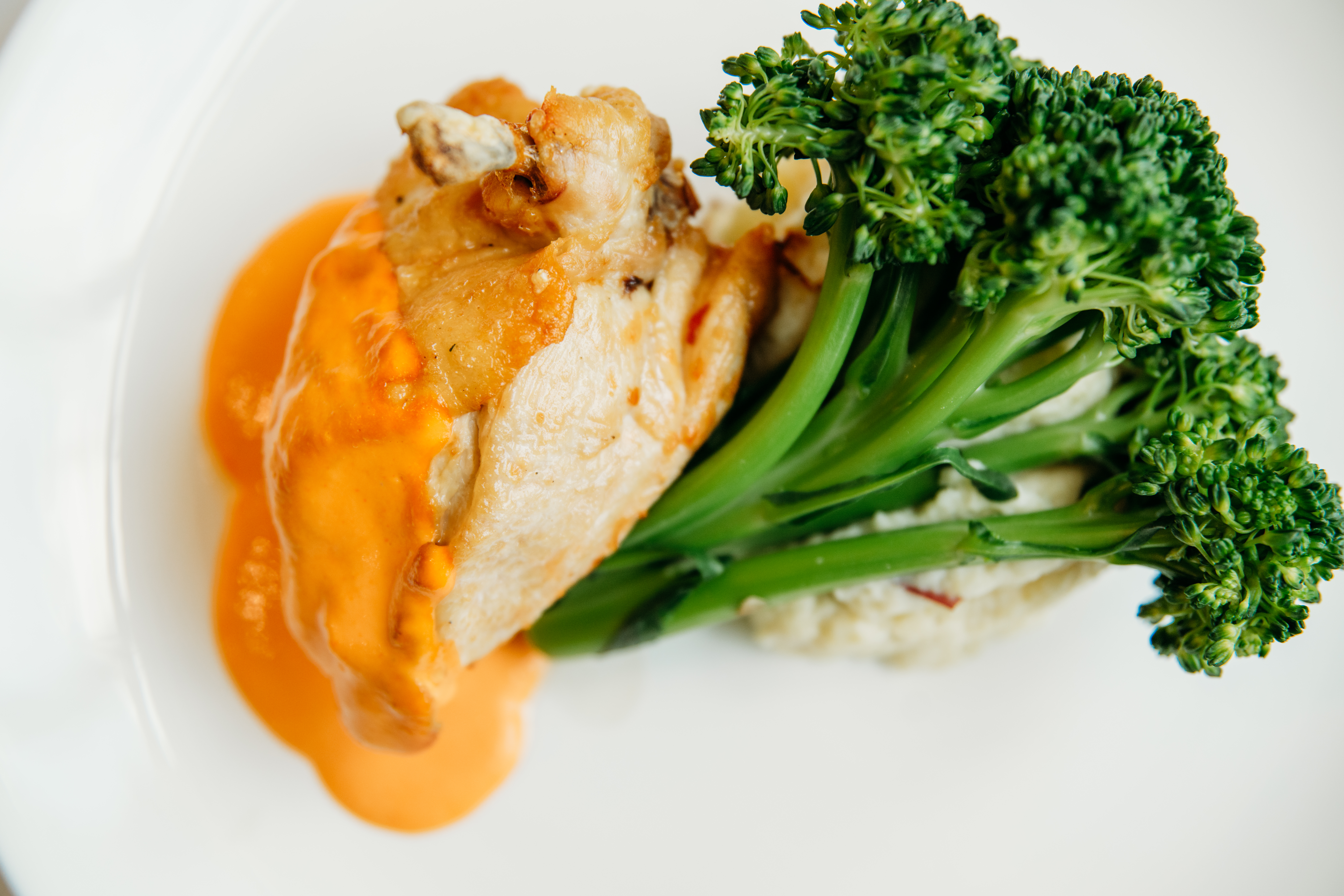 Plated chicken entrée with broccoli and sauce at a Bella Collina wedding reception