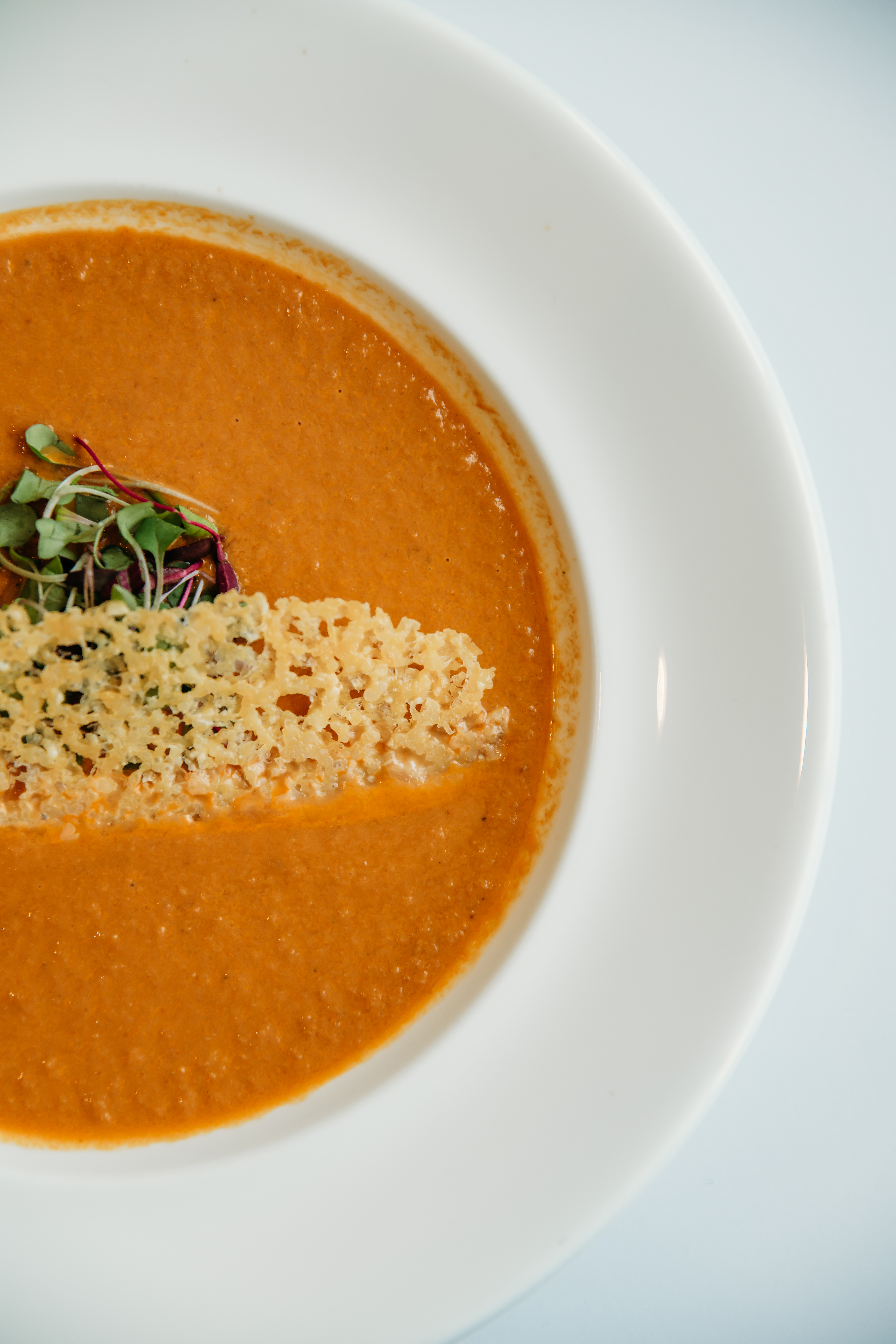 Creamy roasted tomato soup with parmesan crisp 